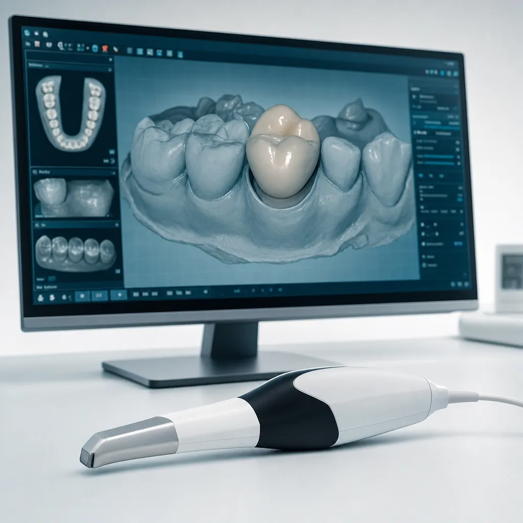 Monitor showing a 3D CAD/CAM crown design on a scanned model with a handheld intraoral scanner in front
