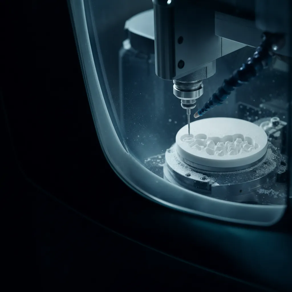 Dental CAD/CAM milling machine cutting a zirconia disc into crown copings