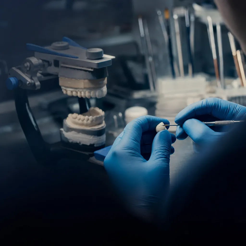 Dental technician in blue gloves refining a crown on an articulator at the bench