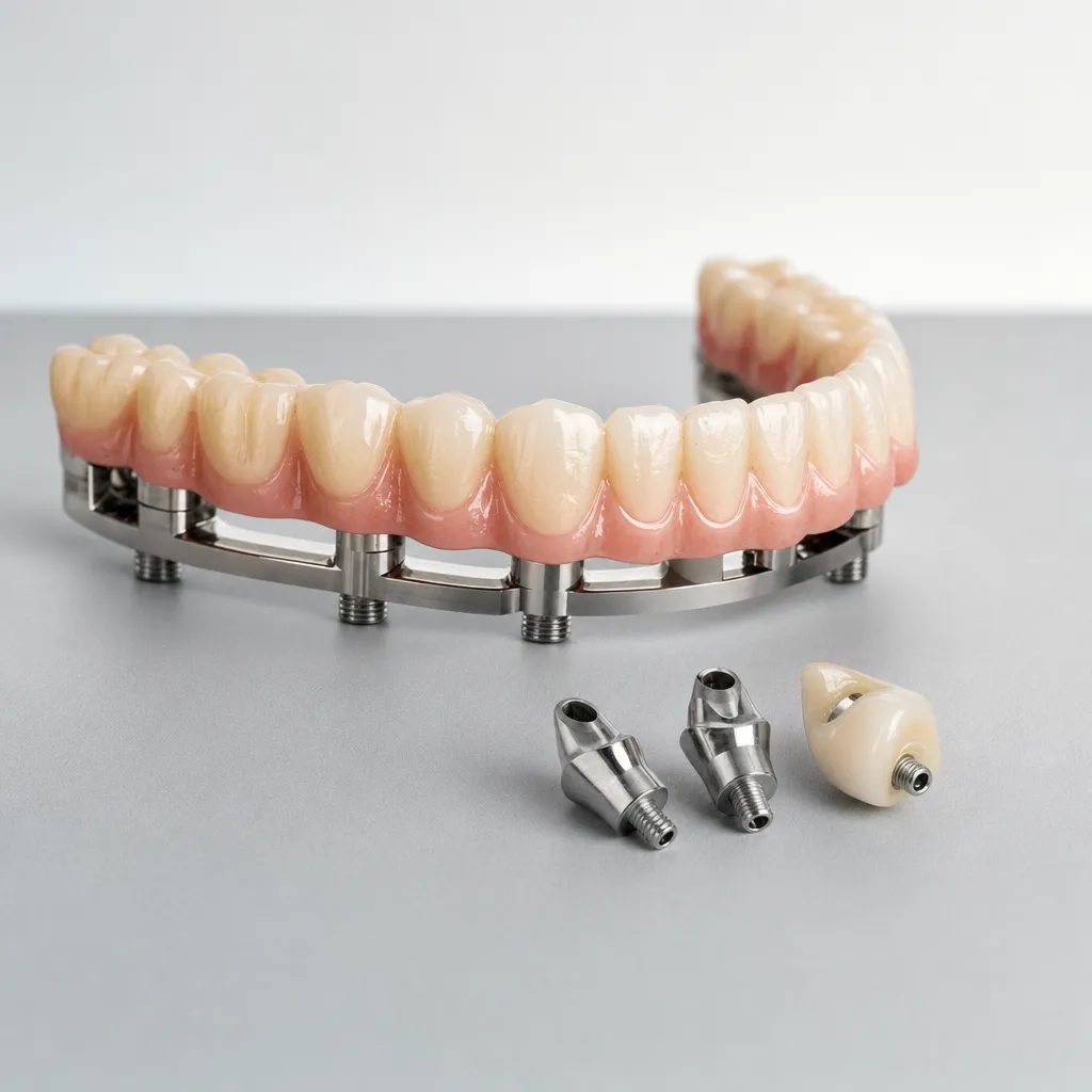 Screw-retained full-arch implant hybrid on a milled titanium bar with custom titanium abutments