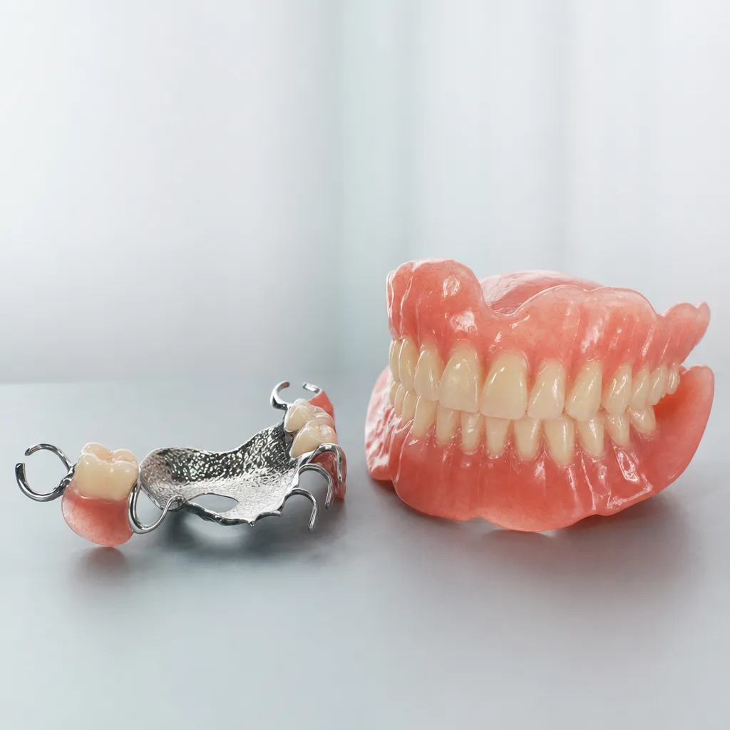 Cast metal partial denture framework with clasps beside a full acrylic denture with pink gingival base