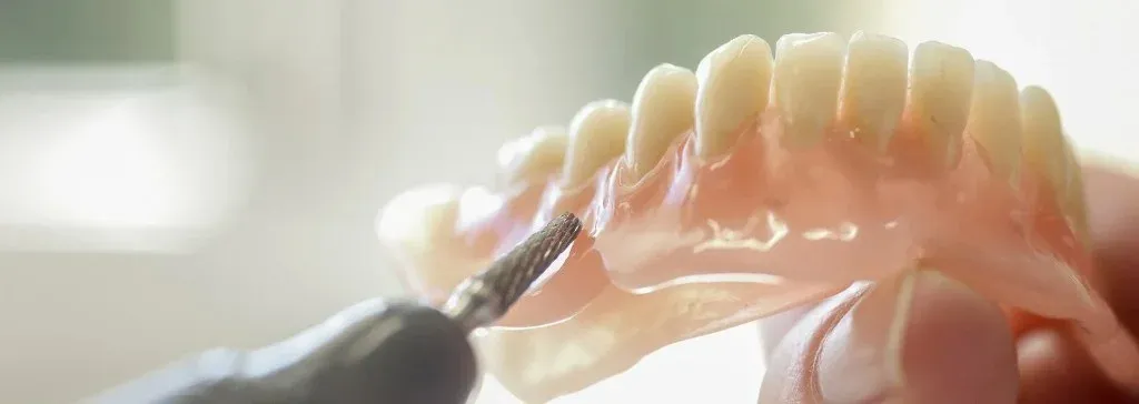 A technician relieving the intaglio of a flipper over a healing implant site
