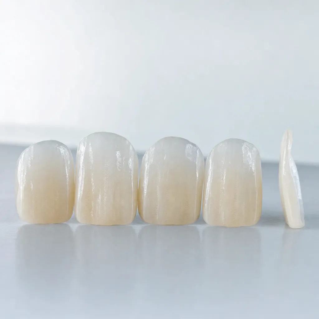 Set of thin porcelain veneers showing layered ceramic translucency, one turned to reveal its profile