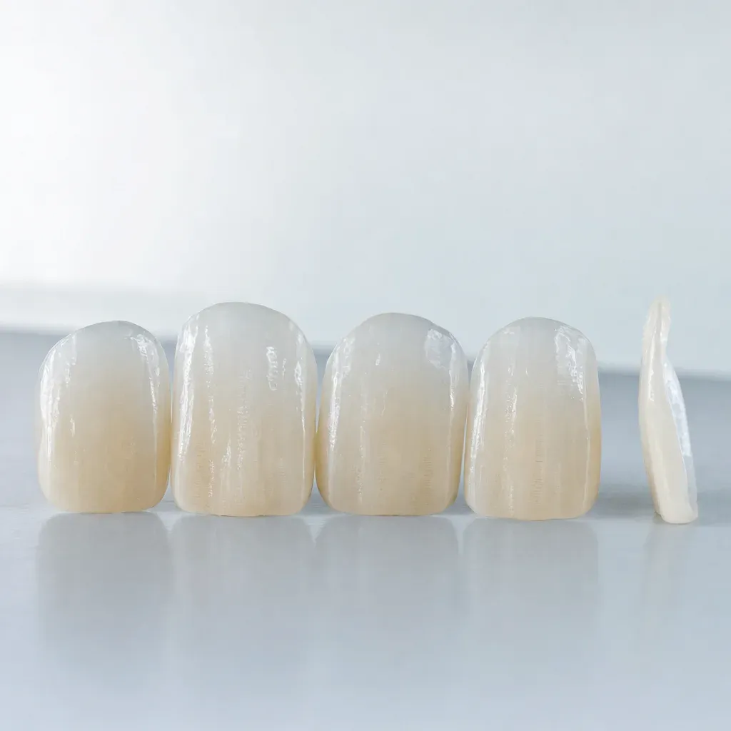 Set of thin porcelain veneers showing layered ceramic translucency