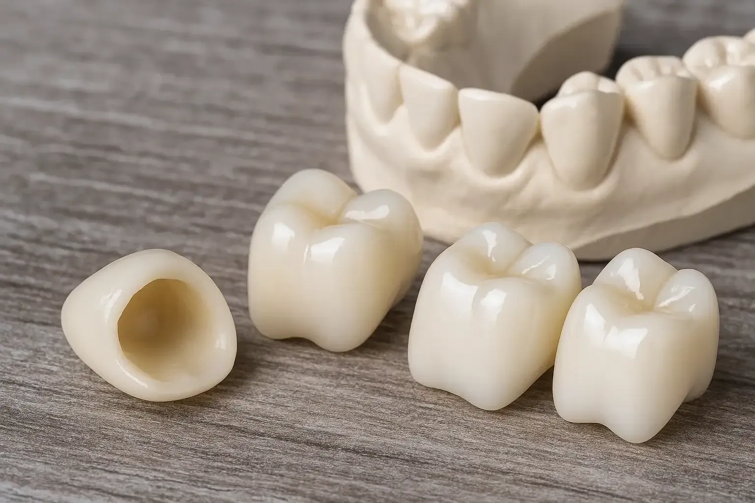 Finished zirconia crowns ready for delivery after bench verification.